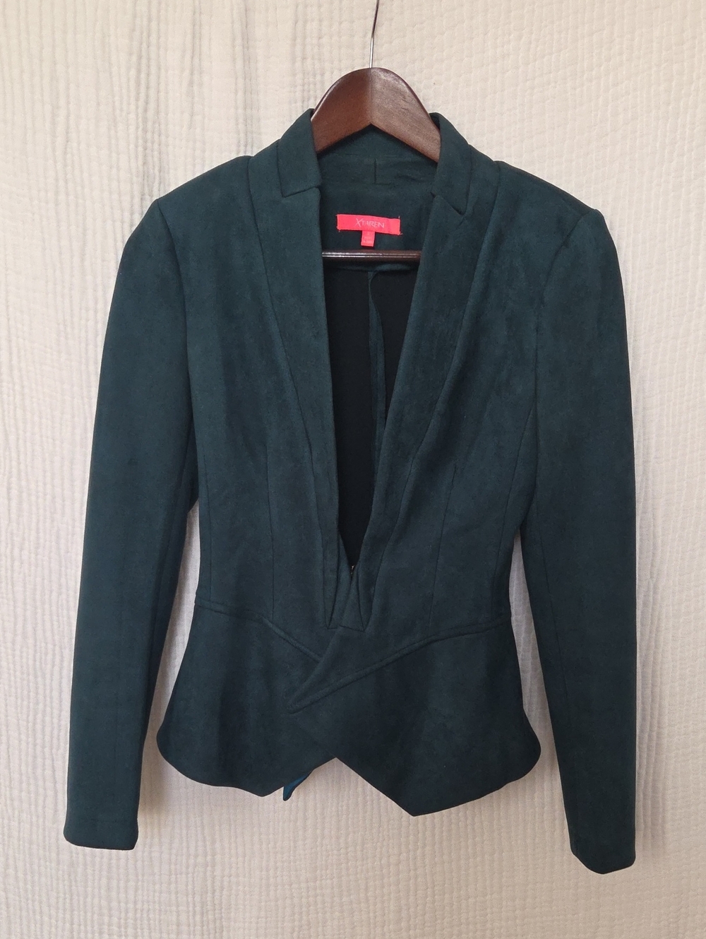 Xtaren Teal Open-Front Suede-Texture Peplum Blazer